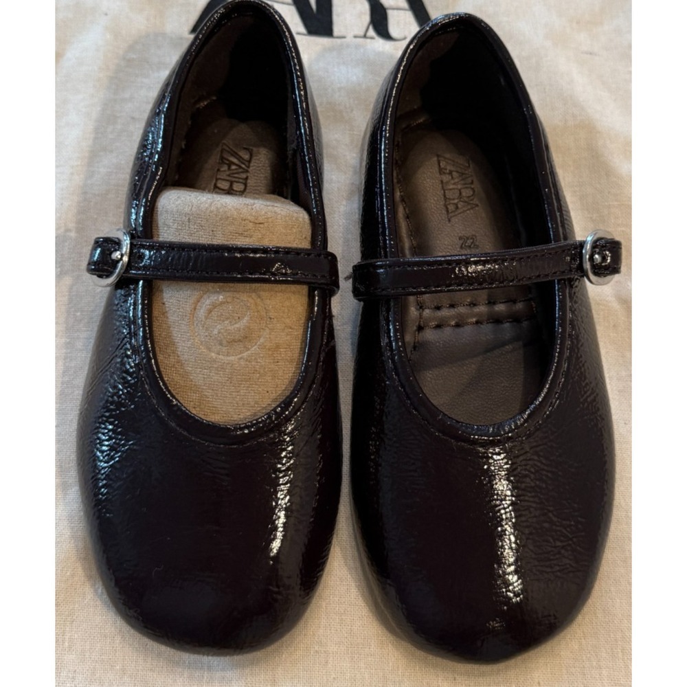 Zara‎ Girls Mary Jane Flats Brown Patent Glossy Buckled Ballerinas Size 6
